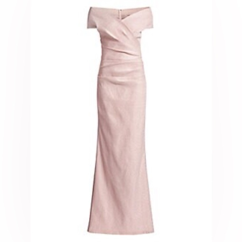 Off the Shoulder Metallic Shimmer Ruched Gown Dress Pink Richie Freeman Teri Jon